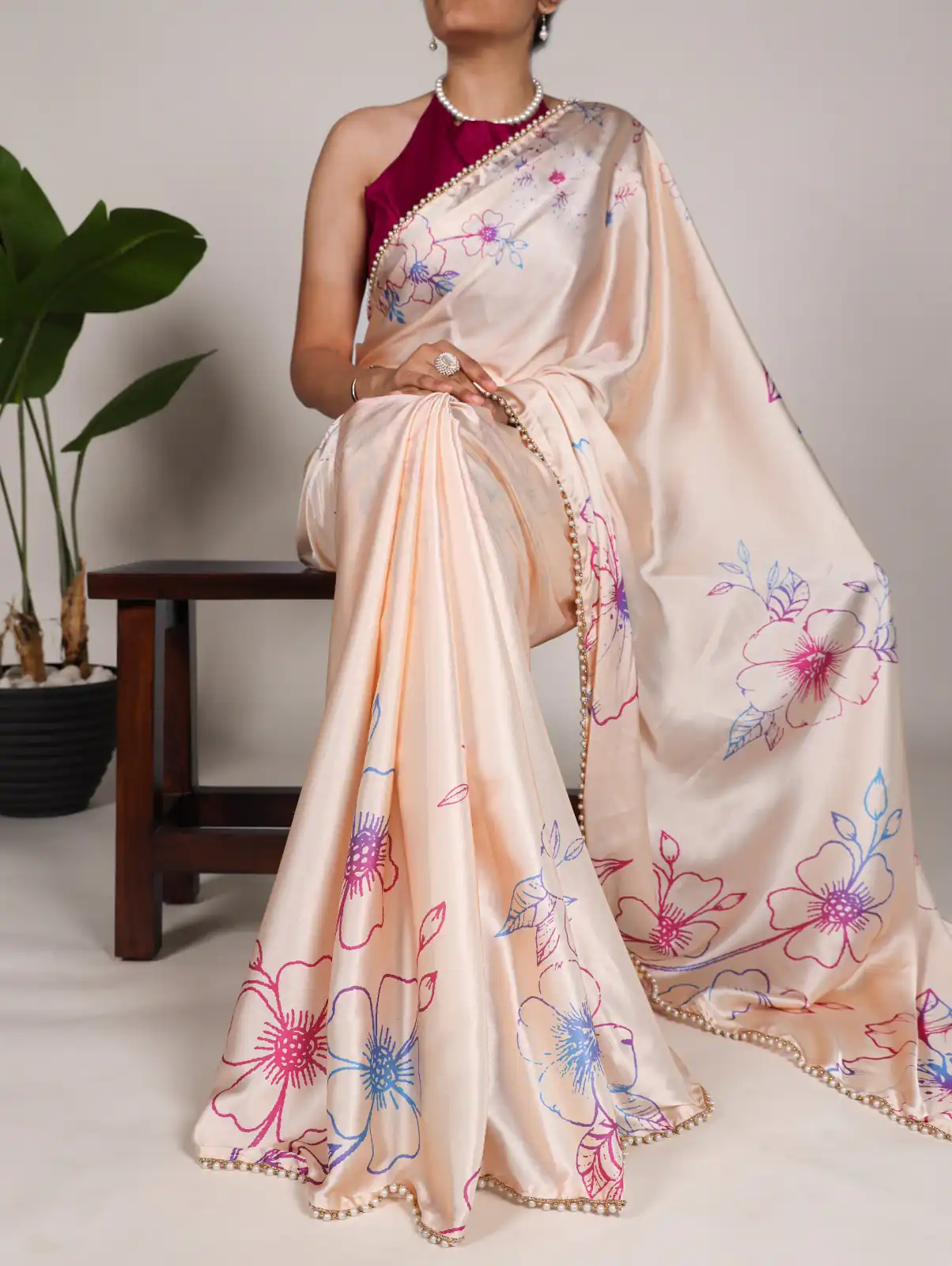 YNF 7028 Cream Color Satin Silk Floral Printed Lace Border Work Saree Casual Party Wear, Wedding, Events Etc. Expected Delivery 4-6 Working Days @1599/- | Sarees, Bollywood Sarees, Creative Sarees, Designer Sarees, Embroidered Sarees, Ethnic Saree, Modern Digital sarees, Party Wear Sarees
