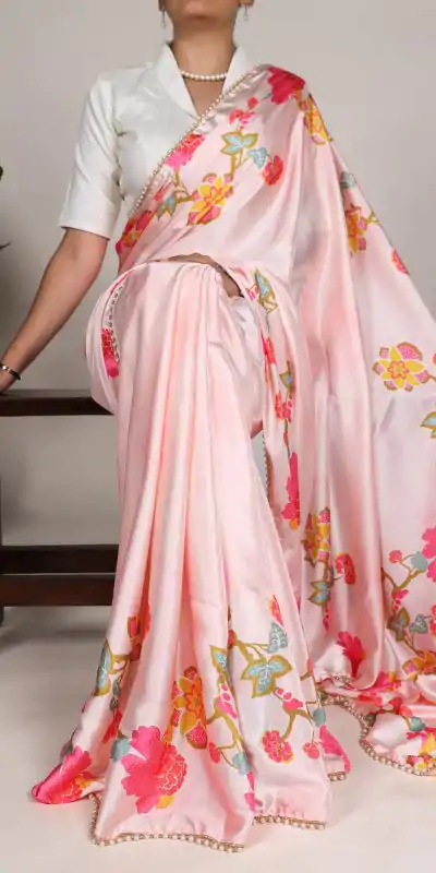 YNF 7028 Peach Color Satin Silk Floral Printed Lace Border Work Saree Casual Party Wear, Wedding, Events Etc. Expected Delivery 4-6 Working Days @1599/- | Sarees, Bollywood Sarees, Creative Sarees, Designer Sarees, Embroidered Sarees, Ethnic Saree, Modern Digital sarees, Party Wear Sarees