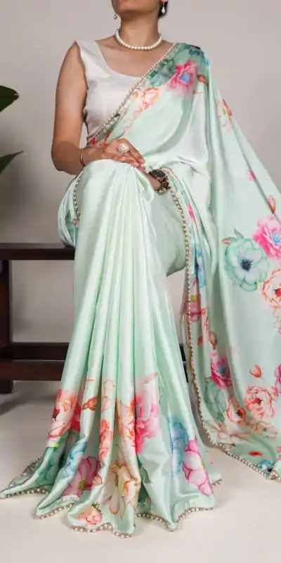 YNF 7028 Pista Color Satin Silk Floral Printed Lace Border Work Saree Casual Party Wear, Wedding, Events Etc. Expected Delivery 4-6 Working Days @1599/- | Sarees, Bollywood Sarees, Creative Sarees, Designer Sarees, Embroidered Sarees, Ethnic Saree, Modern Digital sarees, Party Wear Sarees