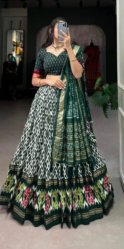 Aglow Green Color Tussar Silk Ikkat Print Foil Work Lehenga Choli