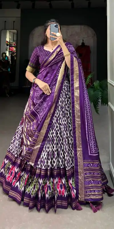 Aglow Purple Color Tussar Silk Ikkat Print Foil Work Lehenga Choli