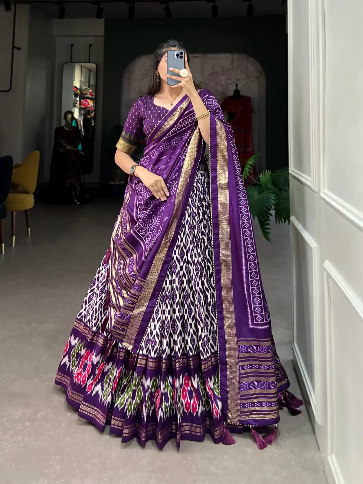 LNB 1223 Purple Color Aglow Tussar Silk Ikkat Print Foil Work Lehenga Choli Wedding, Festive, Events Expected Delivery 4-6 Working Days@2449/- Only | Lehenga, Bollywood Lehenga, Creative Lehenga, Designer Lehenga, Embroidered Lehenga, Party Wear Lehenga