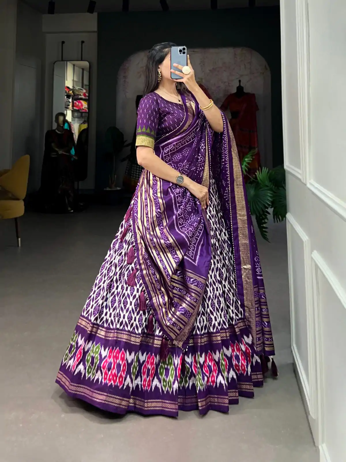 LNB 1223 Purple Color Aglow Tussar Silk Ikkat Print Foil Work Lehenga Choli Wedding, Festive, Events Expected Delivery 4-6 Working Days@2449/- Only | Lehenga, Bollywood Lehenga, Creative Lehenga, Designer Lehenga, Embroidered Lehenga, Party Wear Lehenga