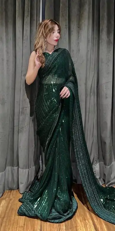 JR-620 Green Sequin Georgette With Embroidery Work Saree Casual, Party Wear, Wedding, Events Etc.4-6 Working Days @ 1748/- only | Sarees, Bollywood Sarees, Creative Sarees, Designer Sarees, Embroidered Sarees, Ethnic Saree, Modern Digital sarees, Party Wear Sarees