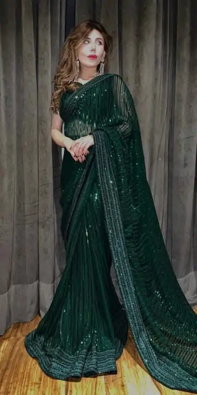 JR-620 Green Sequin Georgette With Embroidery Work Saree Casual, Party Wear, Wedding, Events Etc.4-6 Working Days @ 1748/- only | Sarees, Bollywood Sarees, Creative Sarees, Designer Sarees, Embroidered Sarees, Ethnic Saree, Modern Digital sarees, Party Wear Sarees