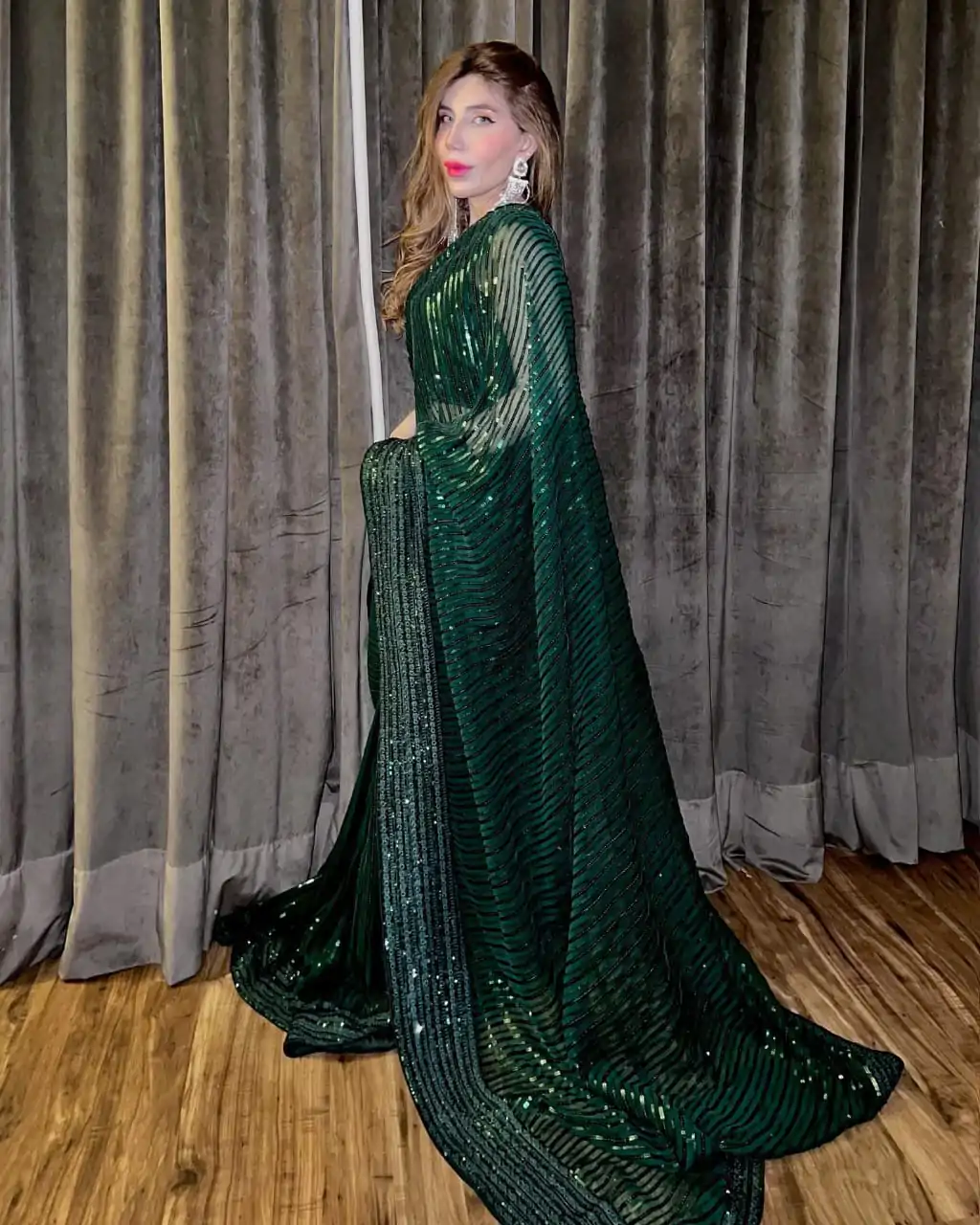 JR-620 Green Sequin Georgette With Embroidery Work Saree Casual, Party Wear, Wedding, Events Etc.4-6 Working Days @ 1748/- only | Sarees, Bollywood Sarees, Creative Sarees, Designer Sarees, Embroidered Sarees, Ethnic Saree, Modern Digital sarees, Party Wear Sarees