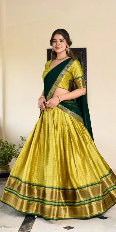 Graceful Parrot Green Color Cotton Silk Weaving Paithani Concept Lehenga Choli