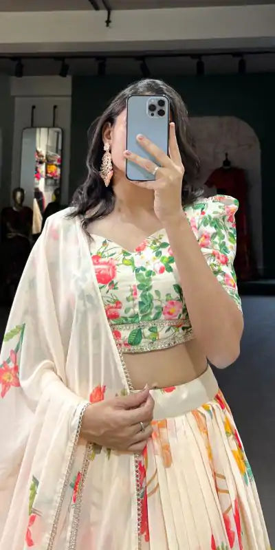 LNB 1021 Cream Color Grand Georgette Floral Printed Lehenga Choli Casual, Wedding, Festive, Events Expected Delivery 4-6 Working Days @2099/- | Lehenga, Bollywood Lehenga, Creative Lehenga, Designer Lehenga, Embroidered Lehenga, Party Wear Lehenga