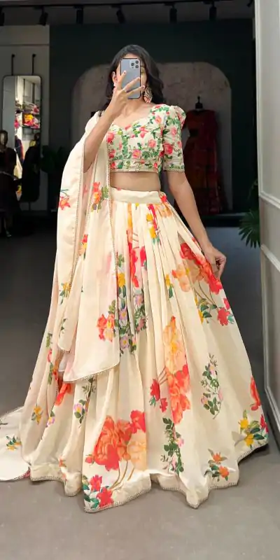 Grand Cream Color Georgette Floral Printed Lehenga Choli