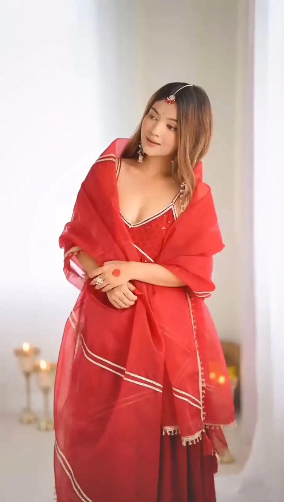 Perfect Red Color Rayon Silk Chikan kari Sequence Salwar Suit