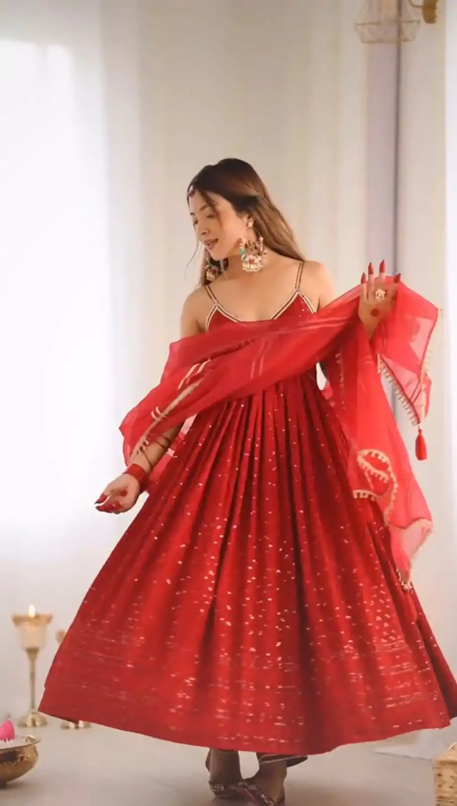 Perfect Red Color Rayon Silk Chikan kari Sequence Salwar Suit