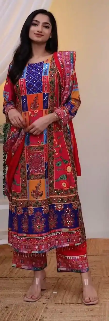 Pretty Red Color American Silk Digital Printed Diamond Salwar Suit