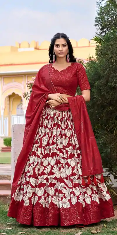 Pretty Red Color Tussar Silk Floral And Foil Printed Lehenga Choli