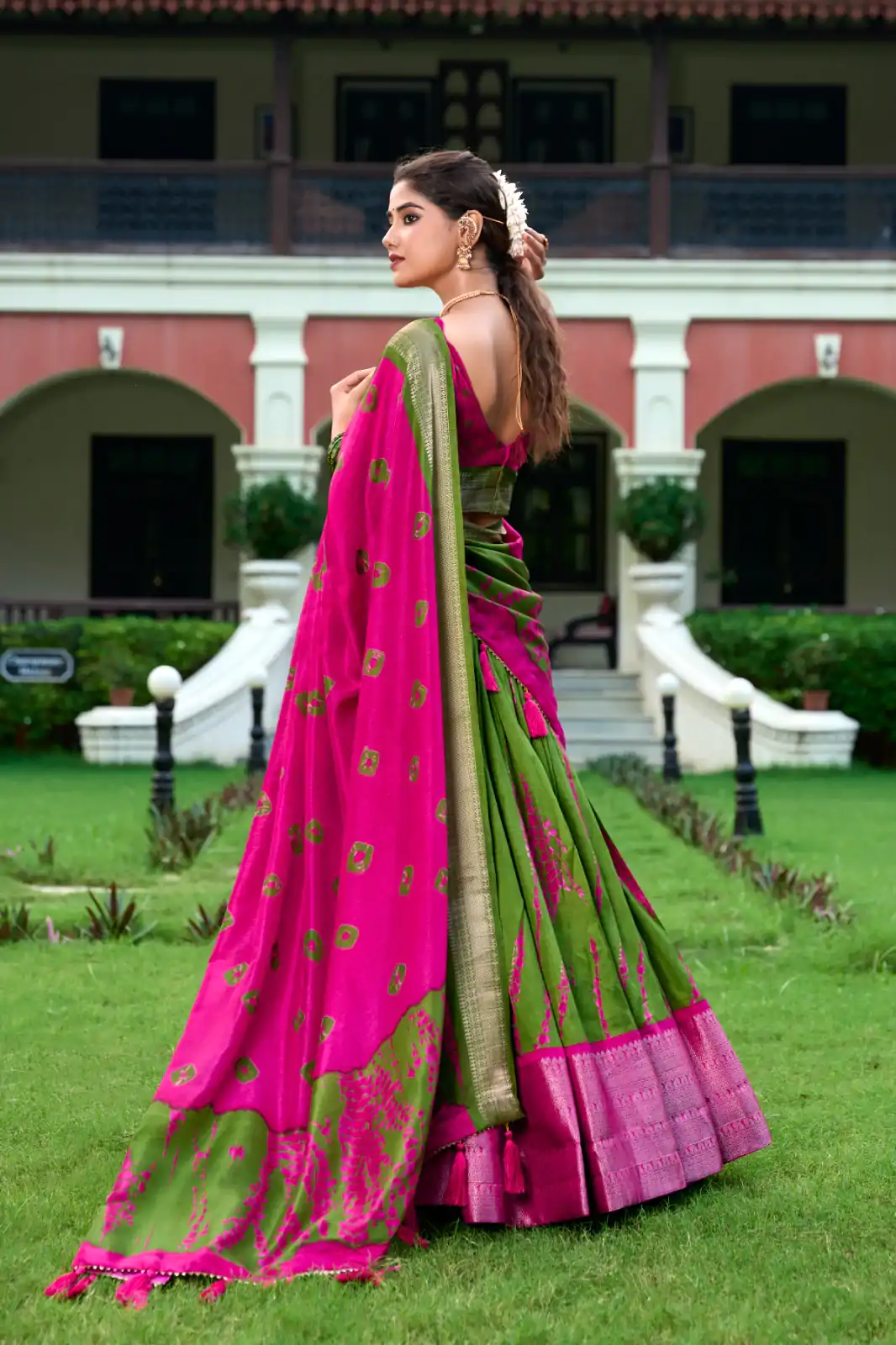 Super Pink Color Dola Silk Shibori Print Zari Weaving Lehenga Choli