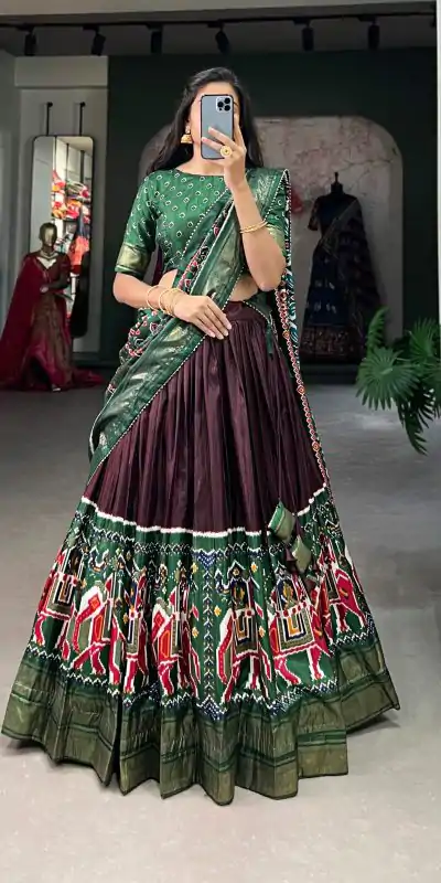 LNB 1623 Broun Color Fabulous Dola Silk Patola Print And Foil Work Lehenga Choli Wedding, Festive, Events Expected Delivery 4-6 Working Days@2199/- Only | Lehenga, Bollywood Lehenga, Creative Lehenga, Designer Lehenga, Embroidered Lehenga, Party Wear Lehenga