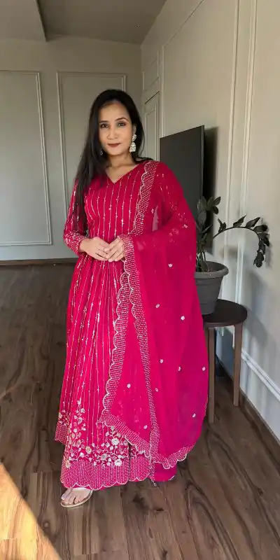 Magical Pink Color Fox Georgette sequence Embroidery Work With Gown