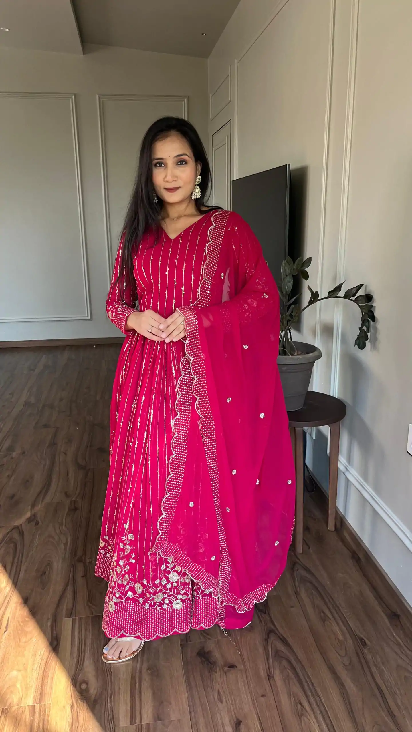 Magical Pink Color Fox Georgette sequence Embroidery Work With Gown