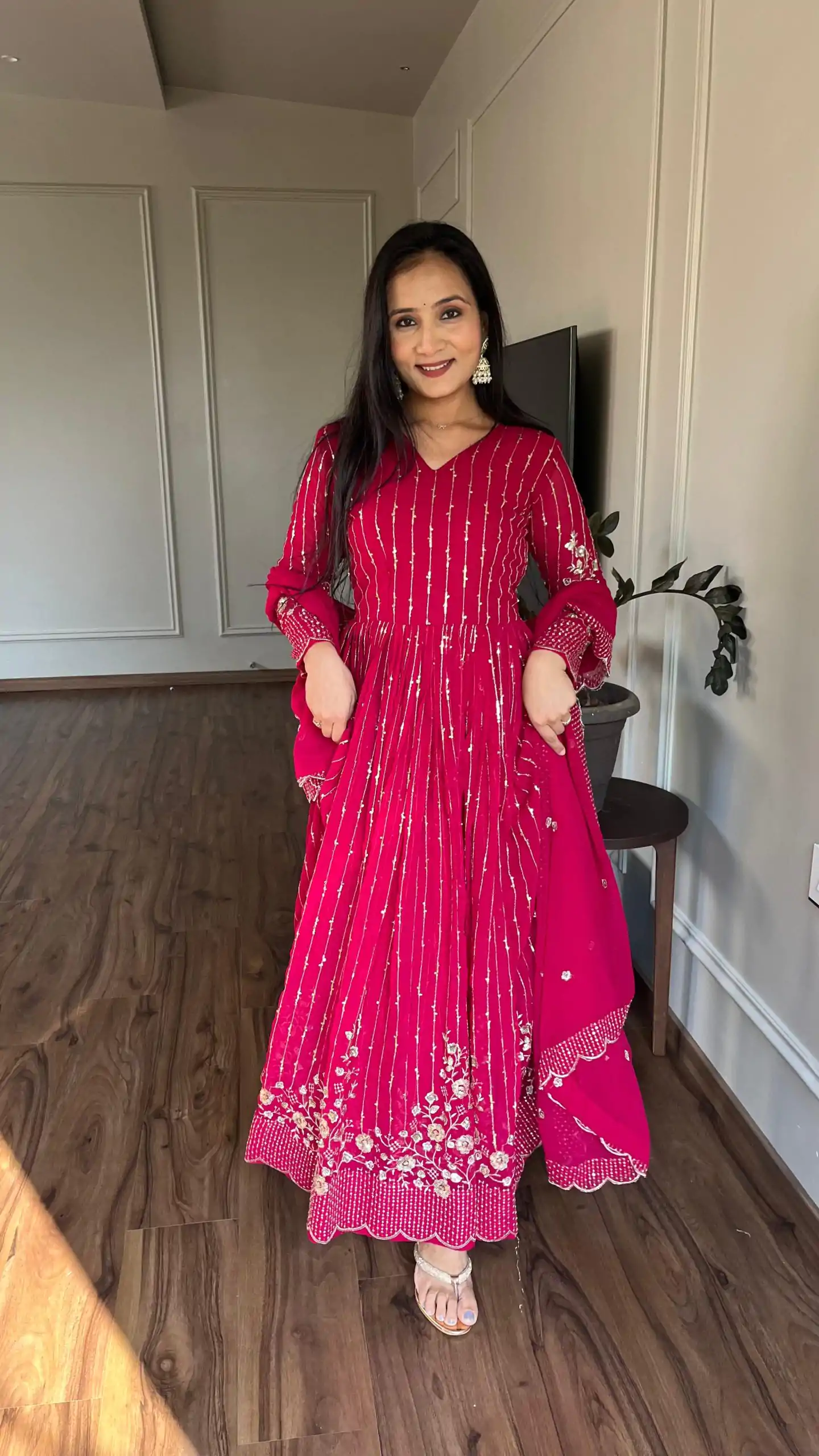 Magical Pink Color Fox Georgette sequence Embroidery Work With Gown