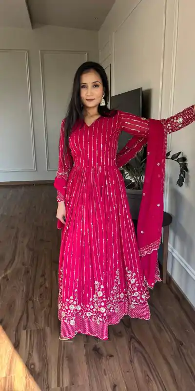 Magical Pink Color Fox Georgette sequence Embroidery Work With Gown