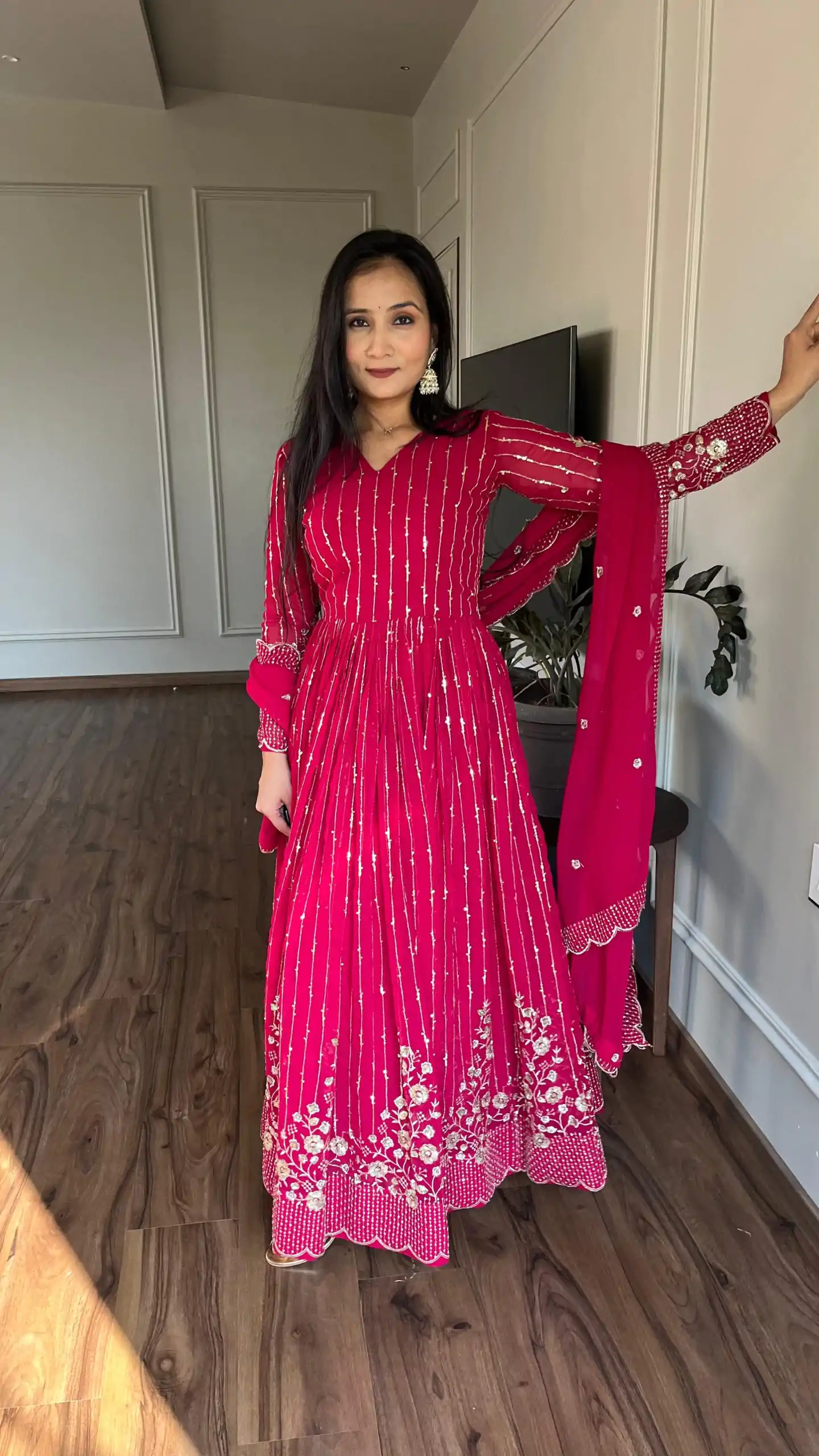 Magical Pink Color Fox Georgette sequence Embroidery Work With Gown