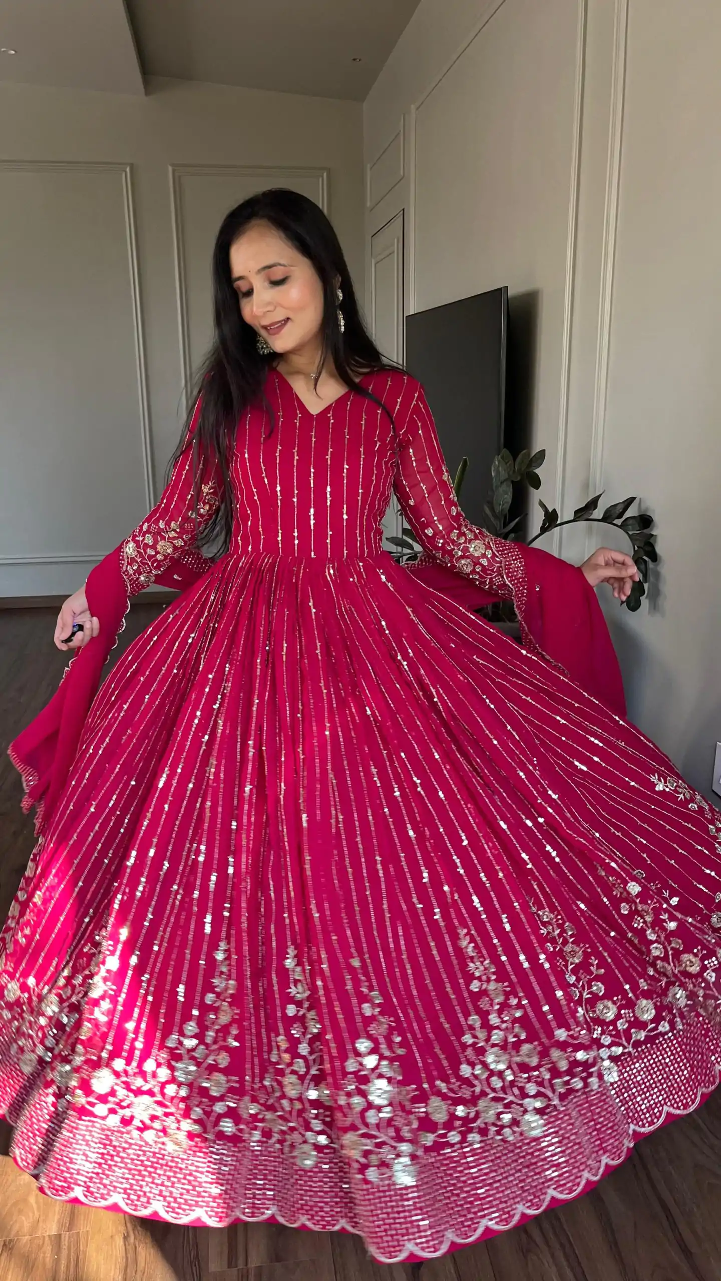 Magical Pink Color Fox Georgette sequence Embroidery Work With Gown