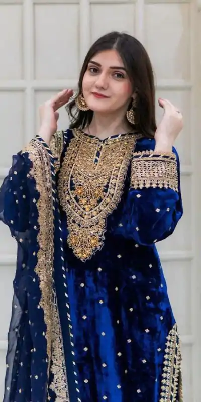 Majestic Blue Color Velvet Georgette Embroidery Sequence Salwar Suit