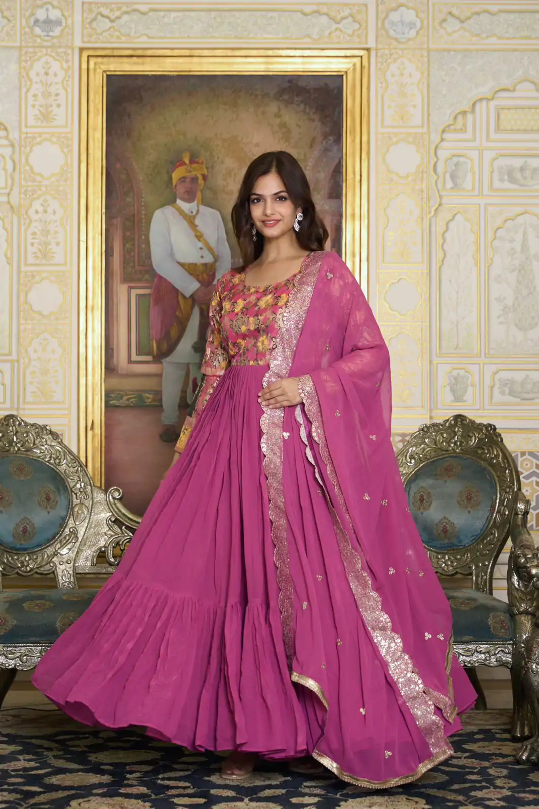 Stunning Pink Color Fox Georgette Embroider Pure Zecard Work Gown