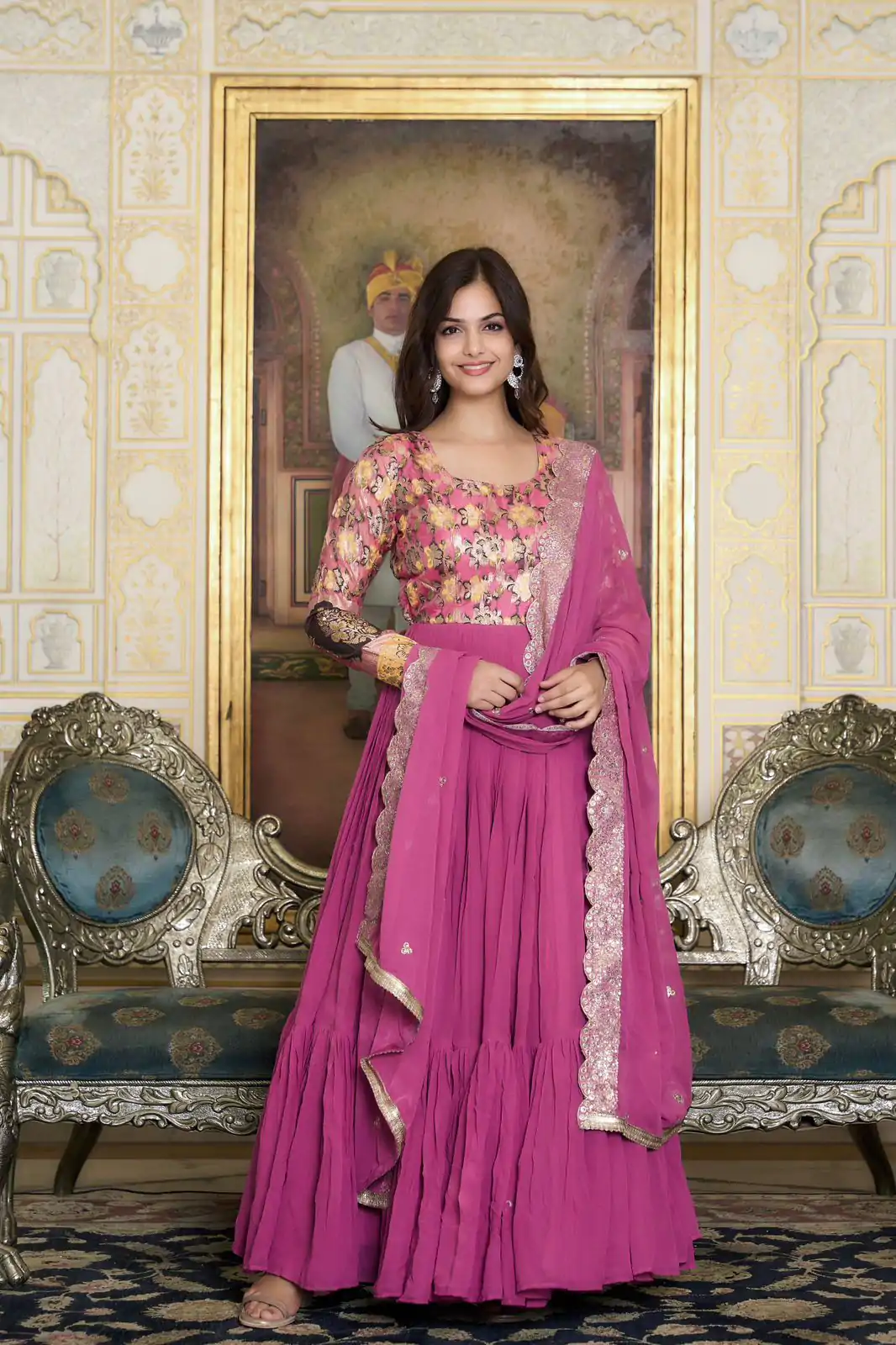Stunning Pink Color Fox Georgette Embroider Pure Zecard Work Gown