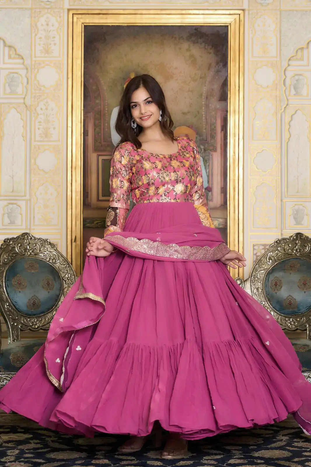 Stunning Pink Color Fox Georgette Embroider Pure Zecard Work Gown
