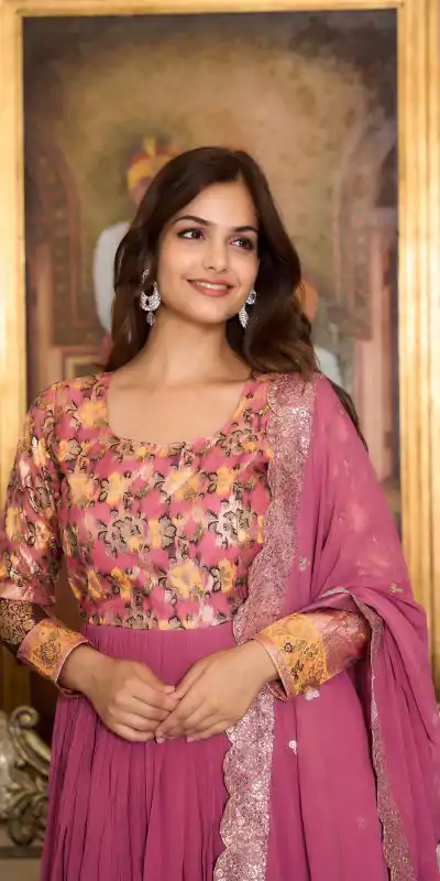 Stunning Pink Color Fox Georgette Embroider Pure Zecard Work Gown