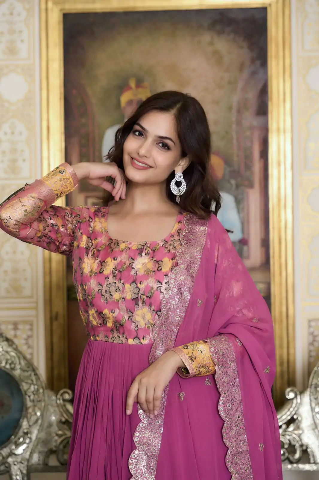 Stunning Pink Color Fox Georgette Embroider Pure Zecard Work Gown