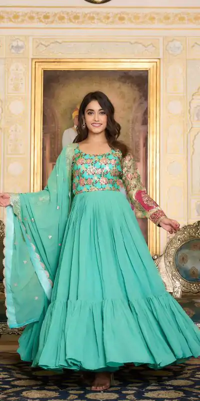 Stunning Sea Green Faux Color Fox Georgette Embroider Pure Zecard Work Gown