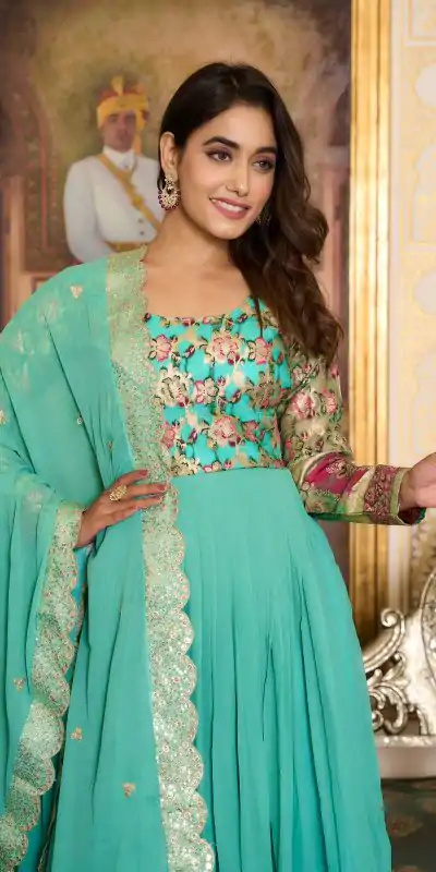 Stunning Sea Green Faux Color Fox Georgette Embroider Pure Zecard Work Gown