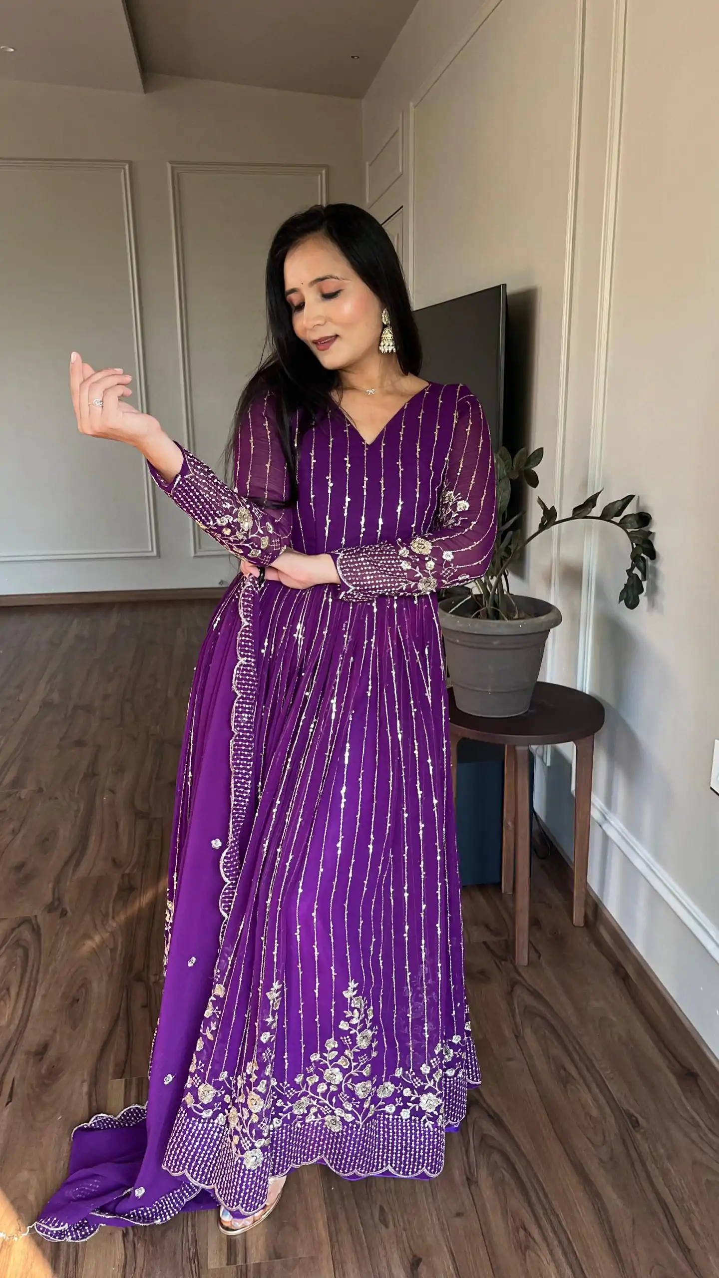 Women's Purple Color Fox Georgette sequence Embroidery Work With Gown