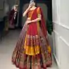 Red Tussar Silk  Print With Foil Print Lehenga Choli