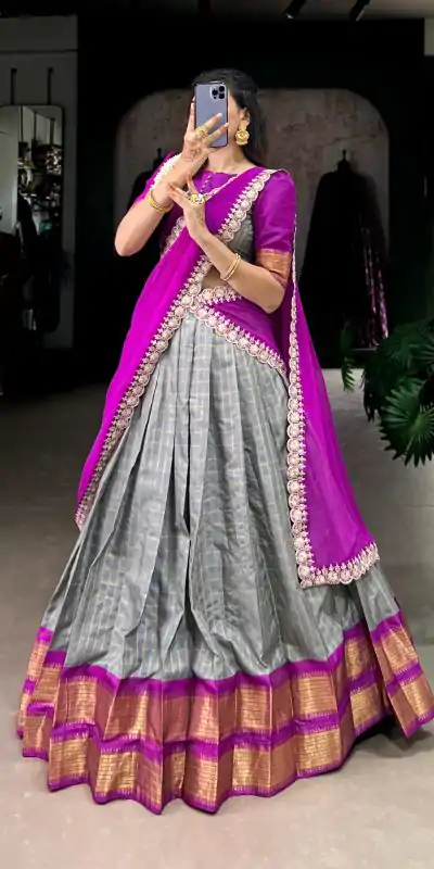 Amazing Grey Color Zari Chex With Zari Weaving Work Lehenga Choli