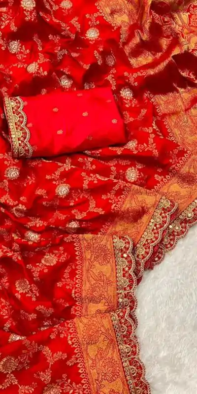 Amazing Orange Color Jacquard Weaving With Embroidery Cording Lace Saree