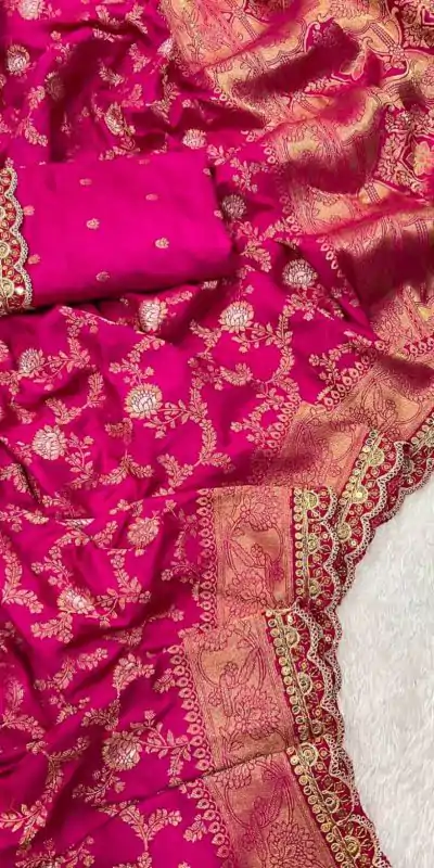 Amazing Pink Color Jacquard Weaving With Embroidery Cording Lace Saree