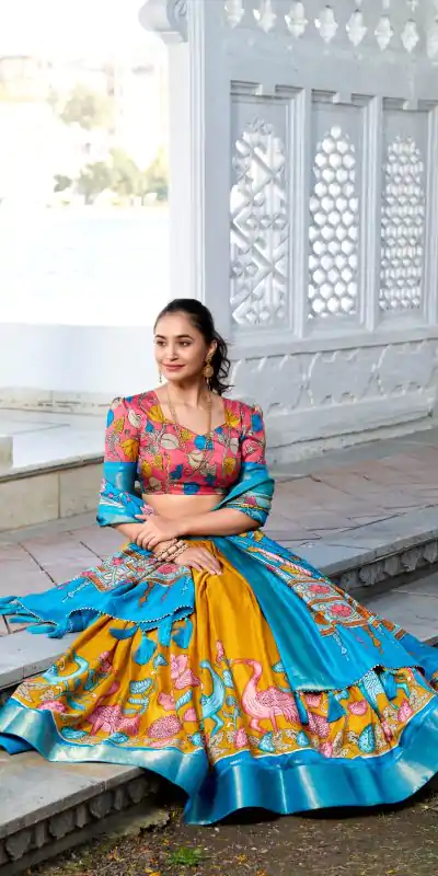 LNB 1234 Sky Blue Color Dola Silk Kalamkari Print Zari Border Lehenga Choli Wedding, Party, Festive, Events Etc. Delivery 4-6 Working Days Rs 2149 | Lehenga, Bollywood Lehenga, Creative Lehenga, Designer Lehenga, Embroidered Lehenga, Party Wear Lehenga