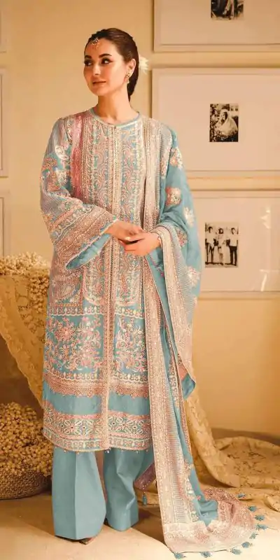 Amazing Sky Blue Color Fox Georgette With Embroidery Sequence Moti Salwar Suit