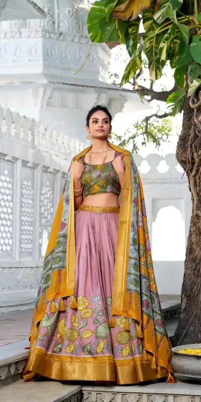 Amazing Yellow Color Dola Silk Kalamkari Print Zari Border Lehenga Choli