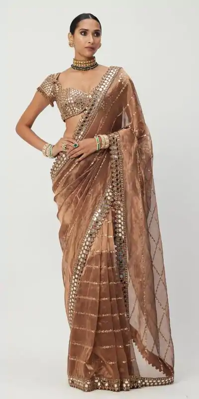 Awesome Mustard Yellow Color Jimmy Chu Embroidery Lace Border Sequins Work Saree