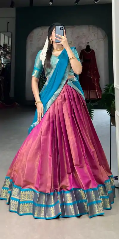 Beautiful Pink Color Kanchipuram Zari Weaving Work Lehenga Choli