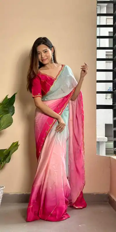 Beautiful Red Color Soft Georgette Satin With Digital Print Embroidery Work Saree