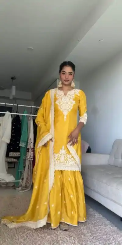 Beautiful Yellow Color Chinnon Silk thread With Sequence Sharara Suit