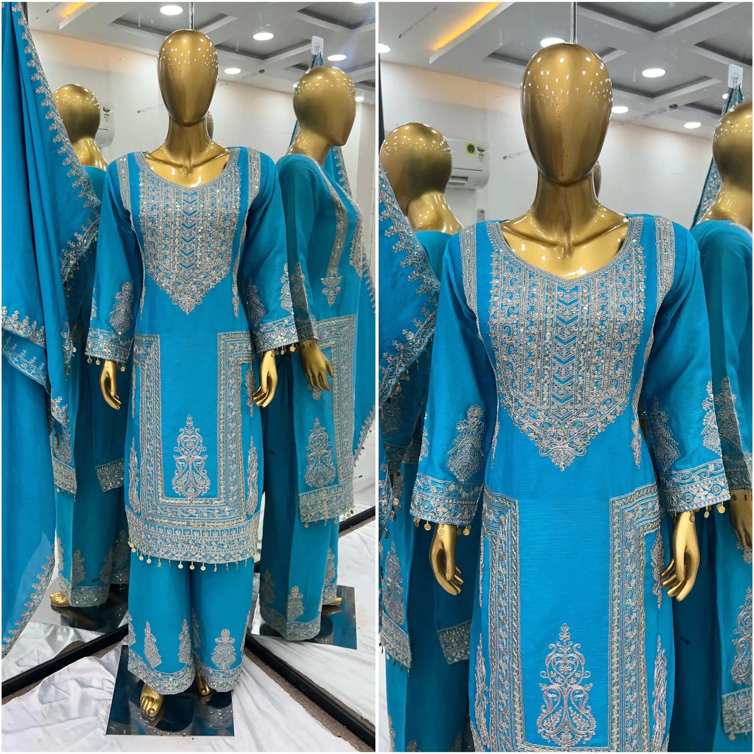 SRK 5237 Sky Blue Color Chinnon Silk With Embroidery Coding Dori-Sequence Work Salwar Suit , Wedding, Party, Festive, Events Etc.4-6 Working Days@ 2399/- | Jump Suits, Salwar suit, Casual Suits, Creative suits, Designer Suits, Palazzo Suits, Party Wear Suits, Patiala Suits, Straight Suits
