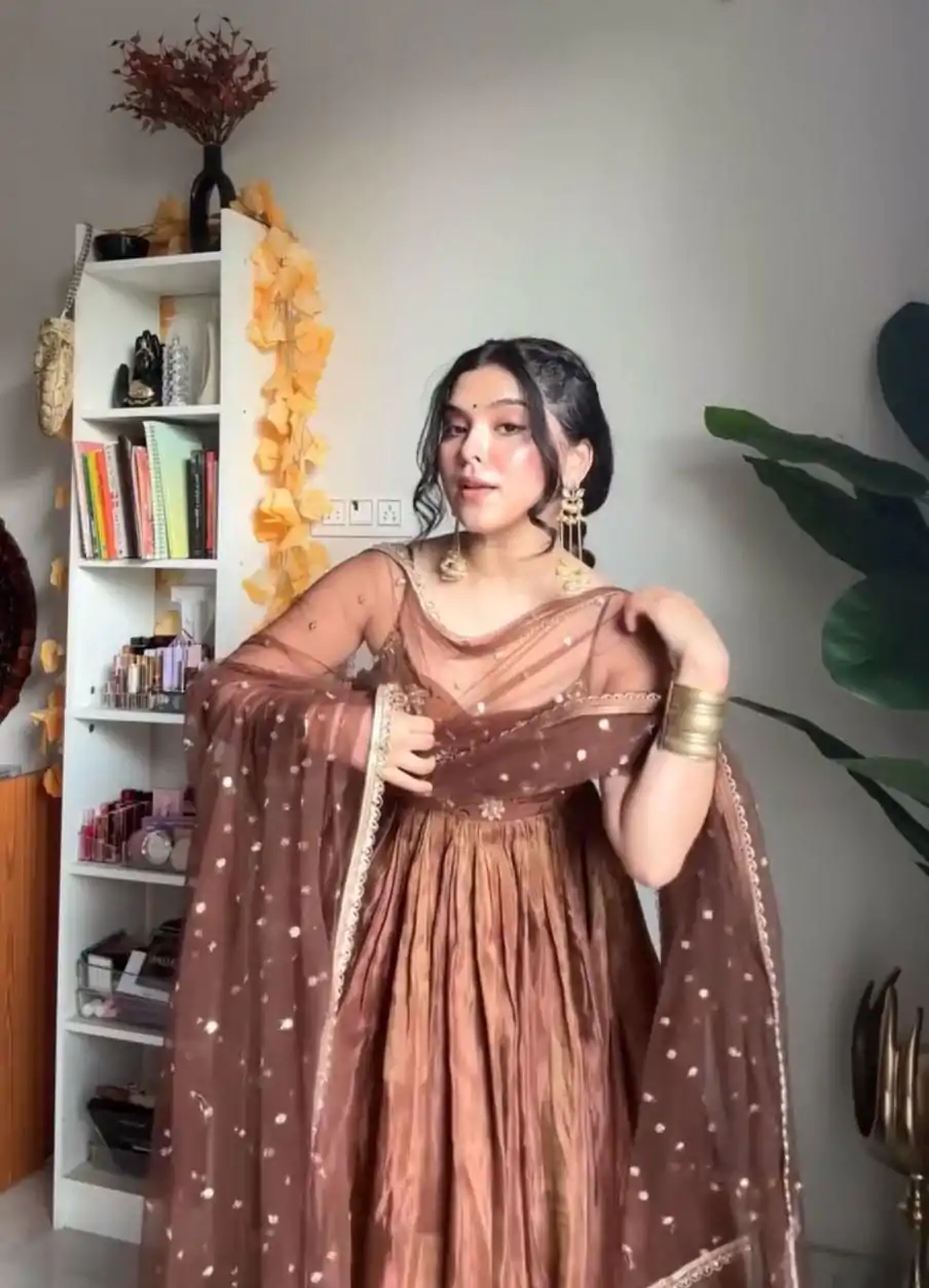 Brown Silk With Embroidery Sequence Work Anarkali Gown - Image 3