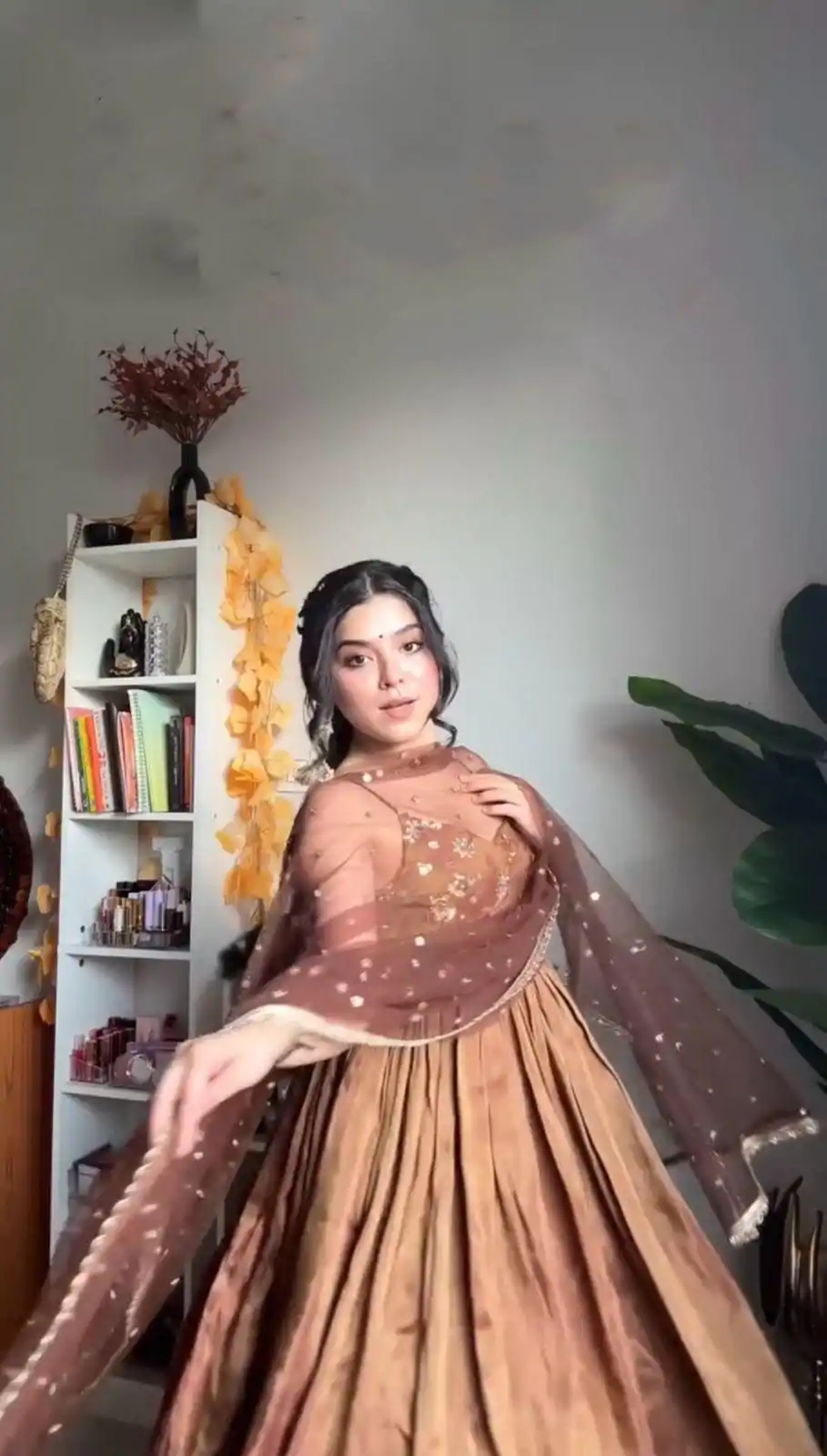 Brown Silk With Embroidery Sequence Work Anarkali Gown - Image 6