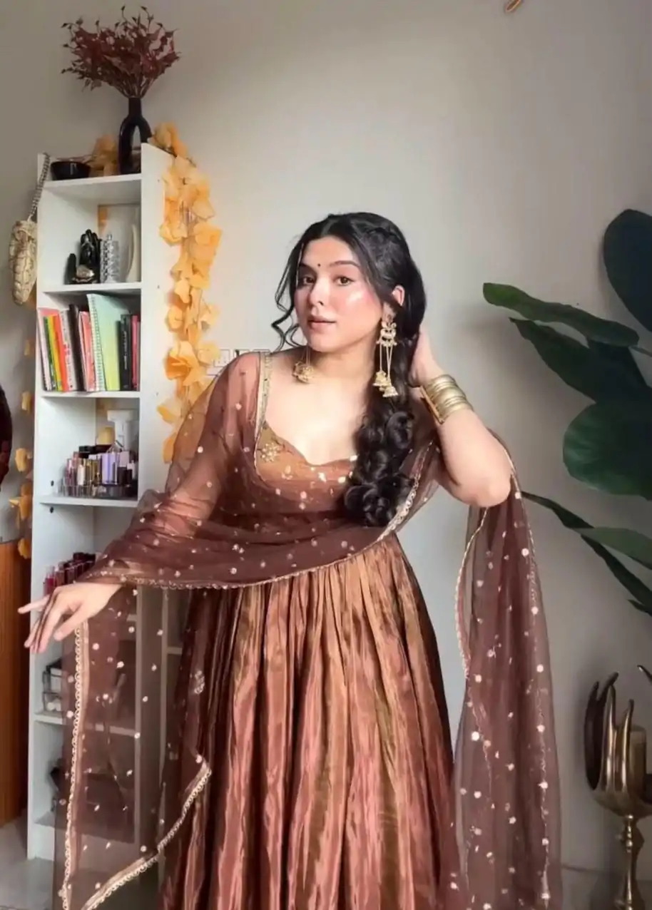 Chocolaty Brown Color Fendi Silk With Embroidery Sequence Work Anarkali Gown