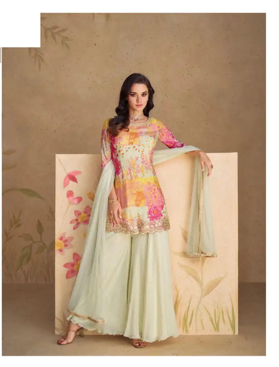 FC 5539 Cream Color chinon Print Silk with Dall US Crepe Sharara Suit Wedding, Party, Festive, Events Etc.  Expected Delivery 4-6 Working Days @2099/- | Jump Suits, Salwar suit, Casual Suits, Creative suits, Designer Suits, Palazzo Suits, Party Wear Suits, Patiala Suits, Straight Suits